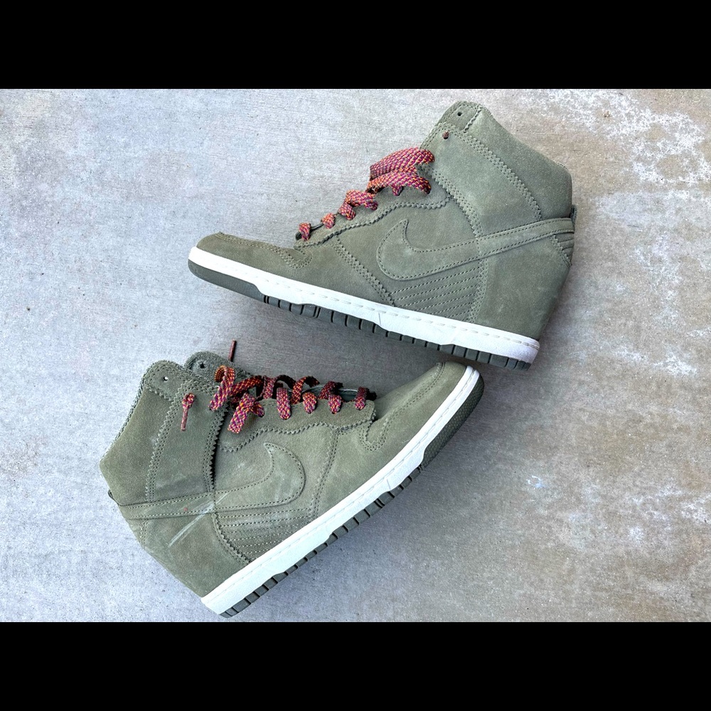 2012 Nike Dunk Sky High Suede "Medium Olive" Sail/Orange Wedge Shoes
